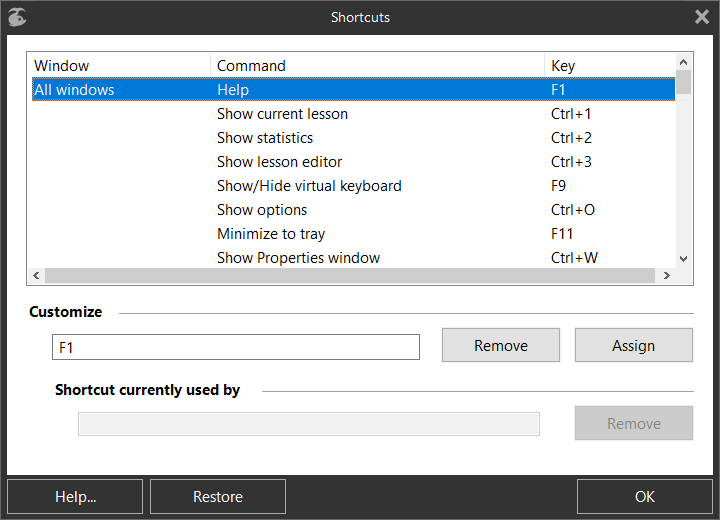 «Shortcuts» dialog box