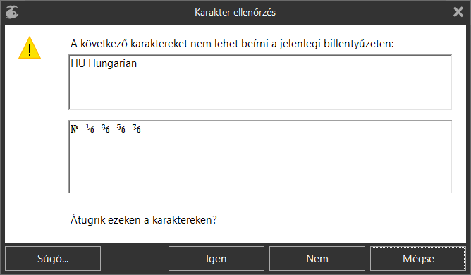 «Karakter ellenőrzés» párbeszédablak