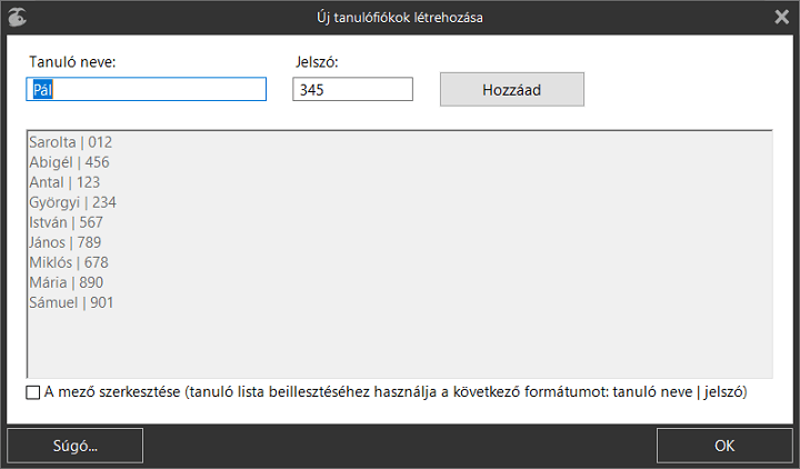 «Új tanuló hozzáadása» párbeszédablak