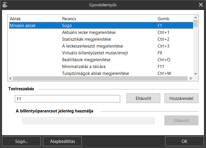 «Gyorsbillentyűk» párbeszédablak