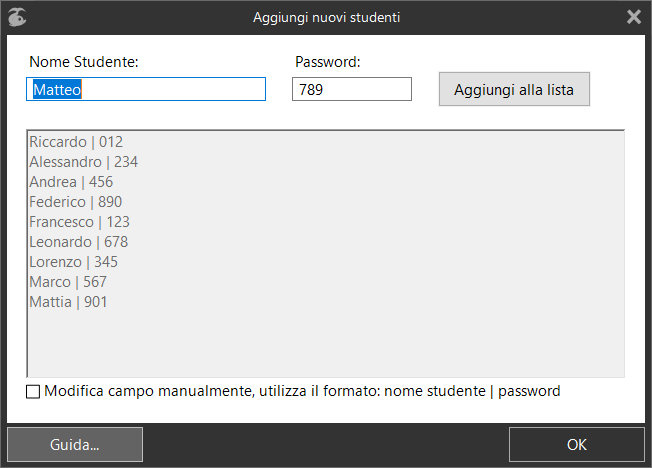 «Aggiungi nuovi Studenti» finestra di dialogo