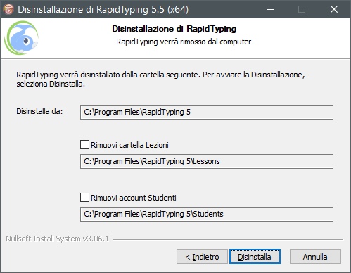 «Disinstalla RapidTyping» finestra di dialogo