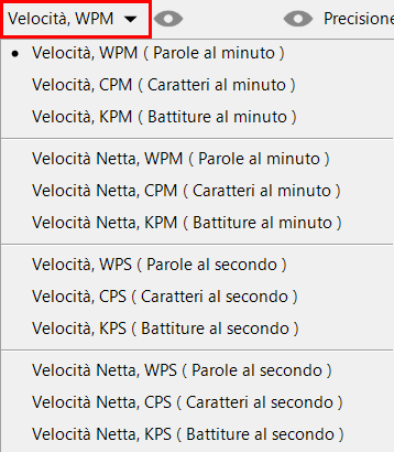 «Unità Velocità della Battitura» menu